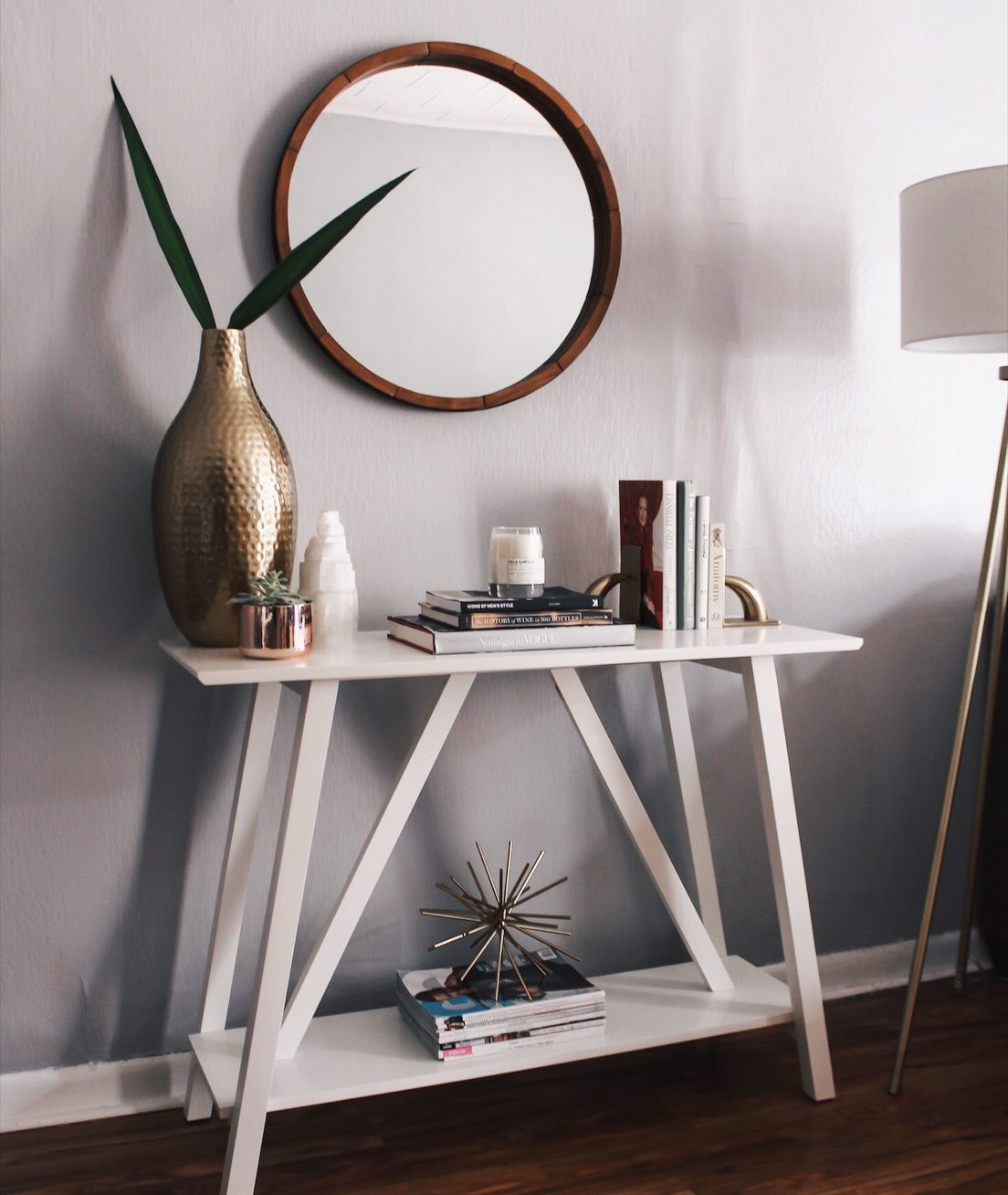 console table and decor